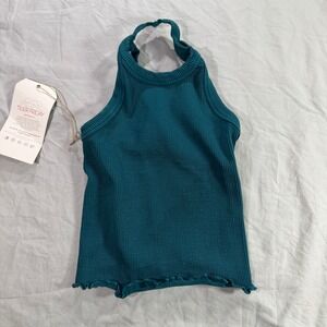 Tiger Friday A XSmall Let Us Dance Ribbed Knit Halter Tank Top Teal Lettuce Hem